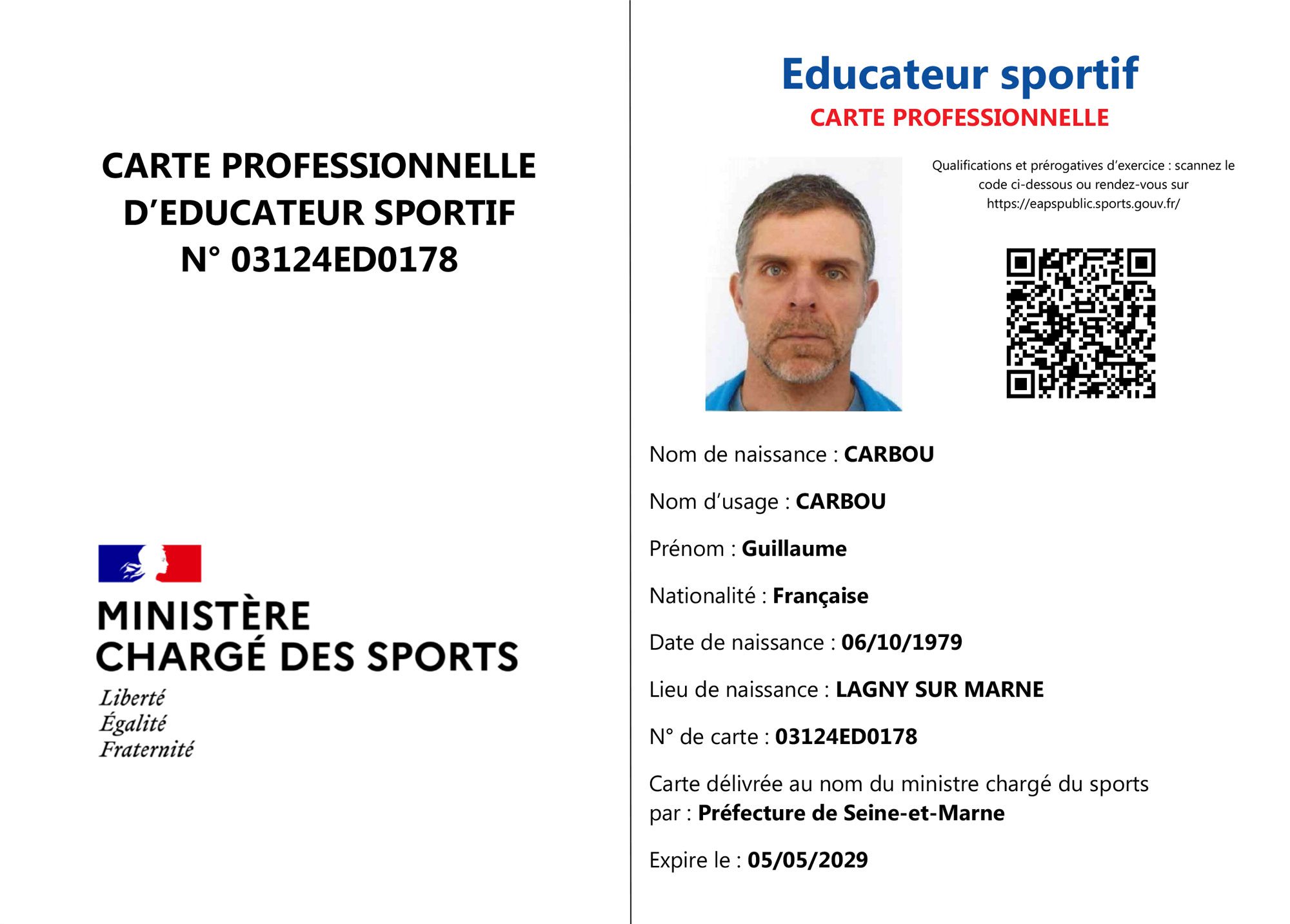 Guillaume Carbou – Educateur sportif (carte professionnelle)