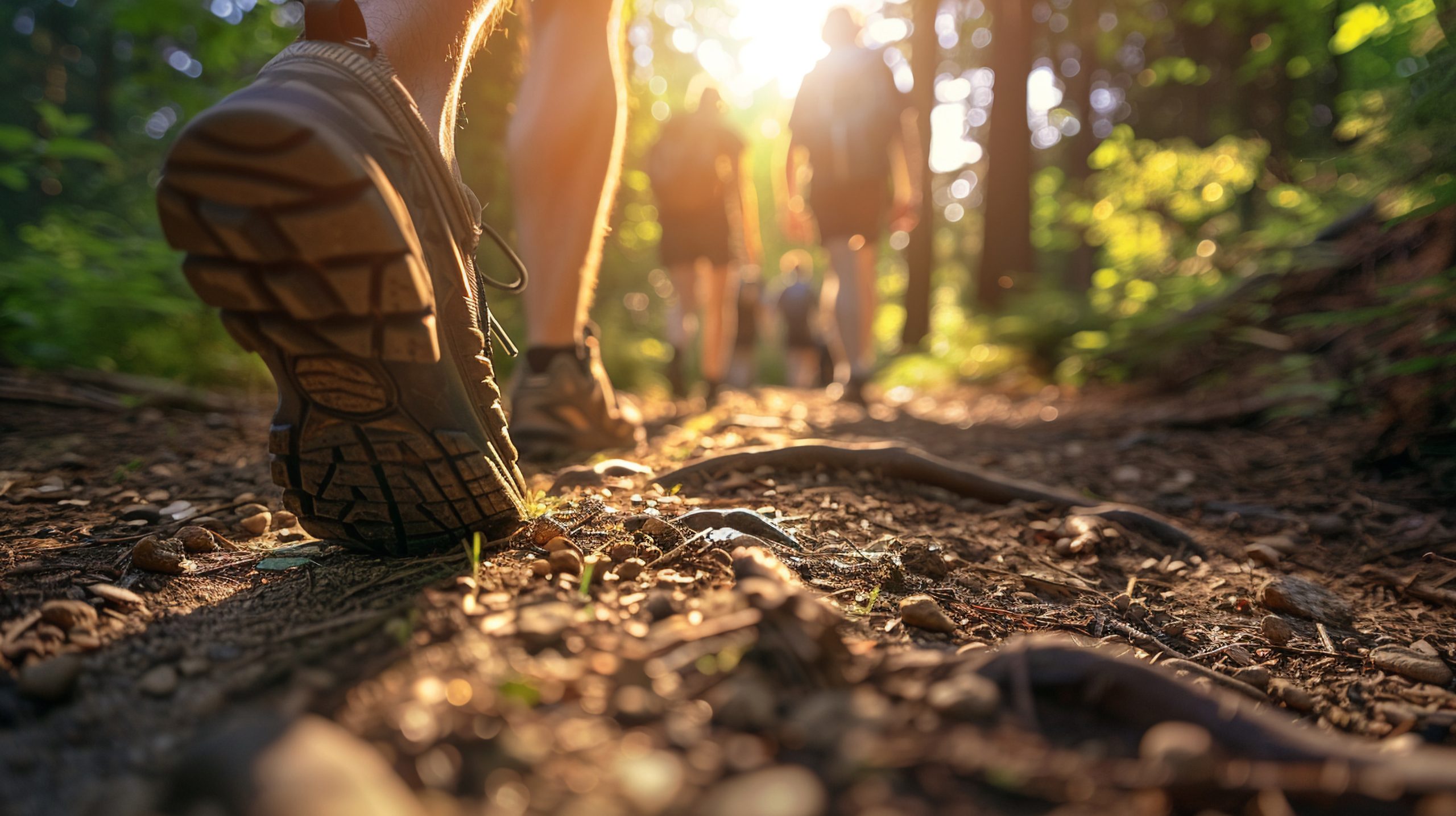 Trailblazers shoes leaving their mark on the forest trail  sunset light filtering through trees as they press onward as a group
